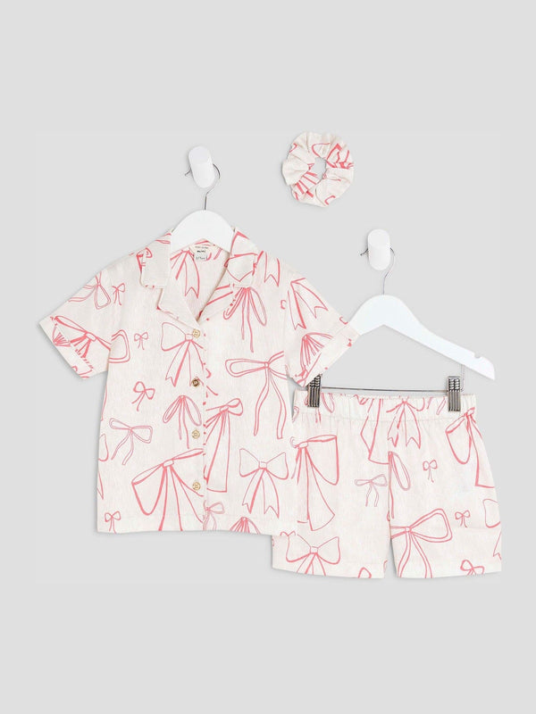 River Island Cream Bow Print Satin Pyjama Shorts and Scrunchie Set