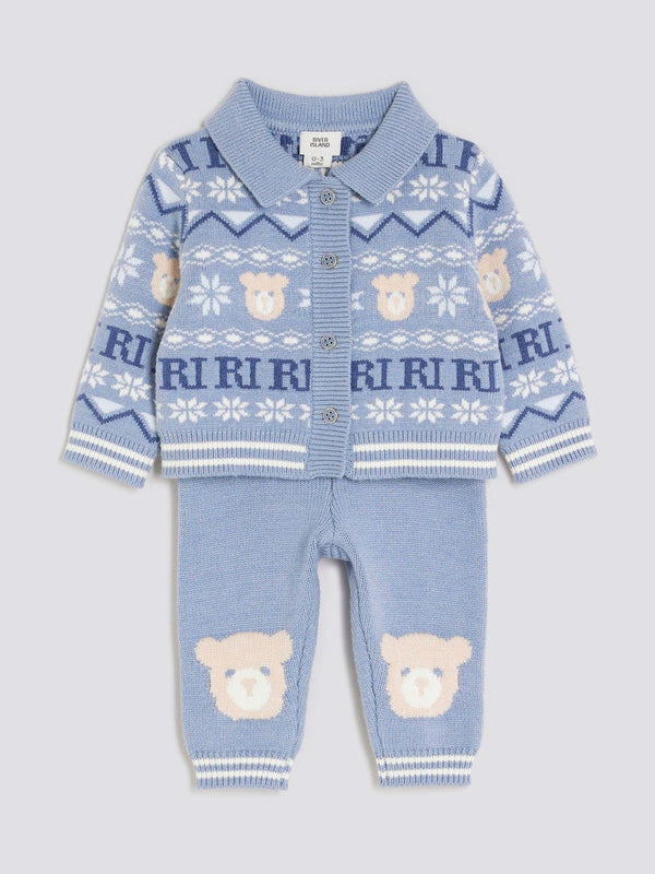 River Island Blue Baby Boys Bear Fairisle Cardigan Set