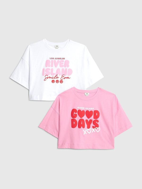 River Island Pink Bubble Font 2 Pack Cropped T-Shirts