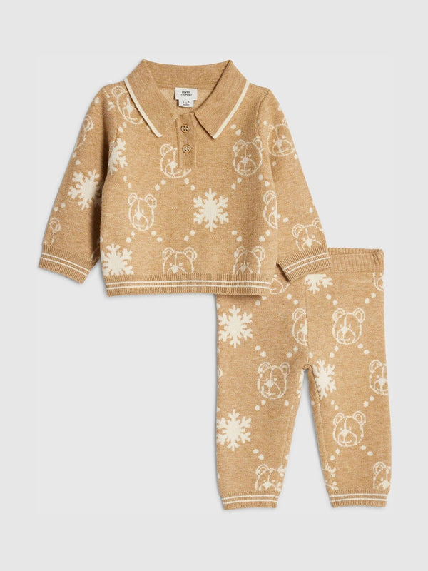 River Island Cream Baby Boys Snowflake RI Jumpers and Bottoms Set