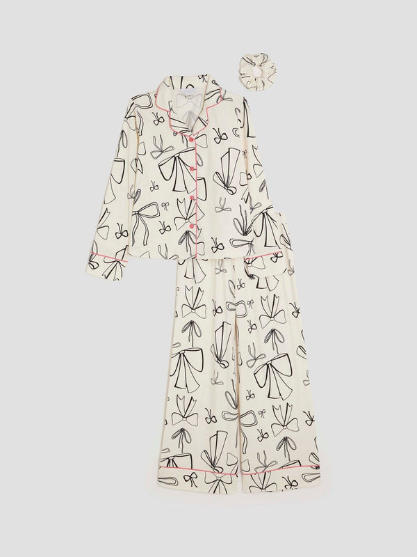 River Island White Girls Soft Touch Mono Bow Pyjamas Set