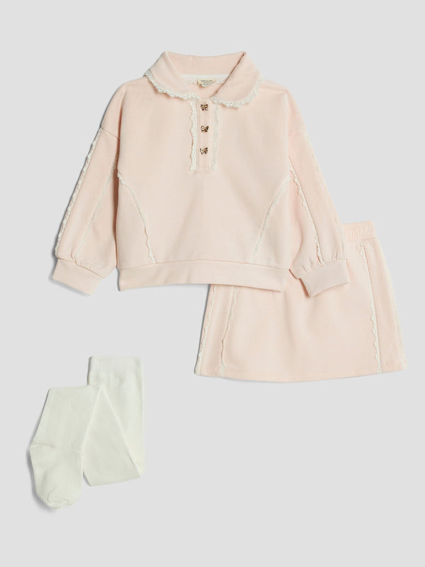 River Island Pink Younger Girls Lace Collar Sweat and Skirt Set 3 Piece