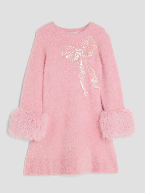 River Island Pink Girls Fur Cuff Knitted Bow Dress