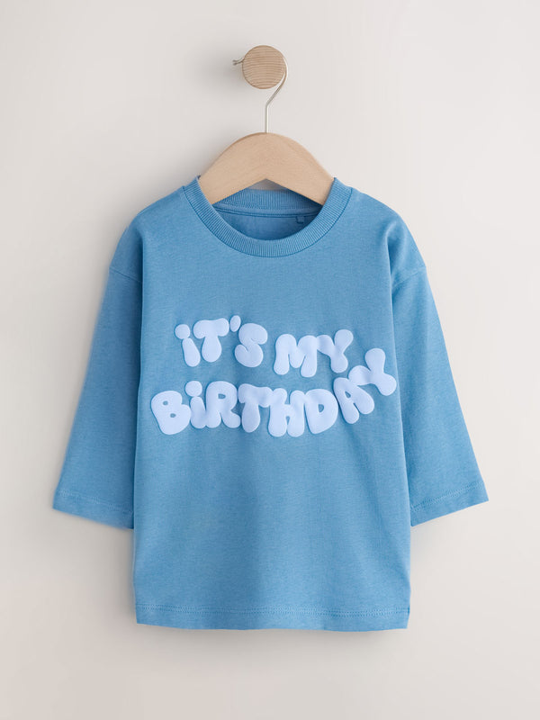 Blue It's My Birthday Long Sleeve Graphic Print T-Shirt (3mths-8yrs)