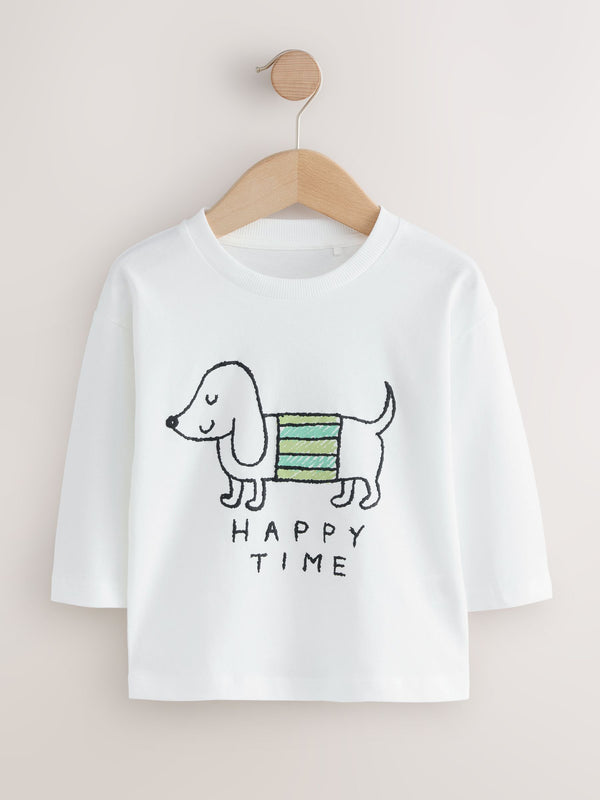 White Happy Time Dog Long Sleeve Graphic Print T-Shirt (3mths-8yrs)