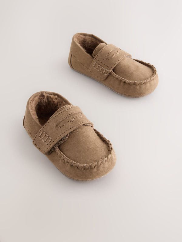 Tan Brown Touch Fastening Moccasin Slippers