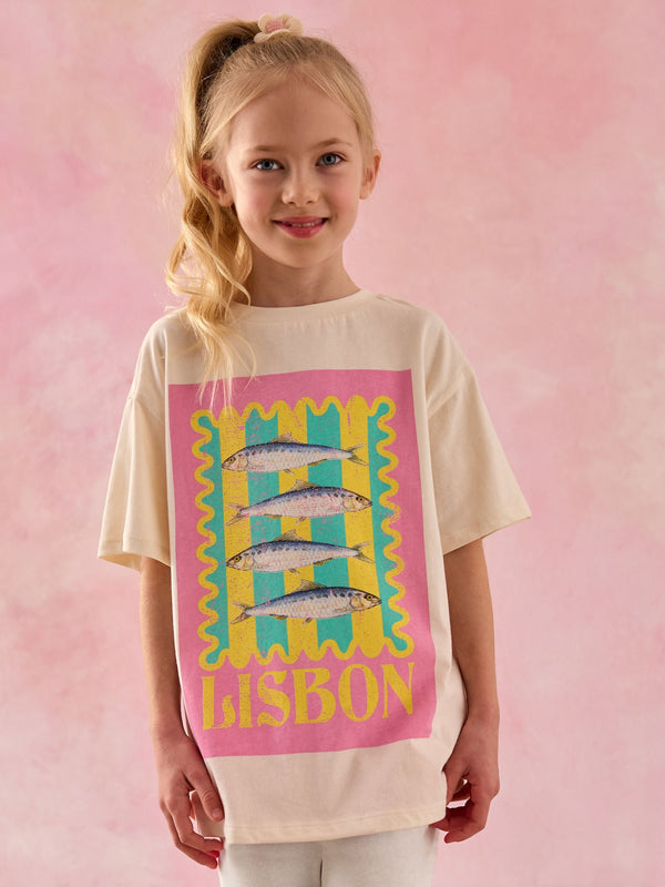 Ecru/Pink Sardine Oversized Graphic Print T-Shirt (3-16yrs)