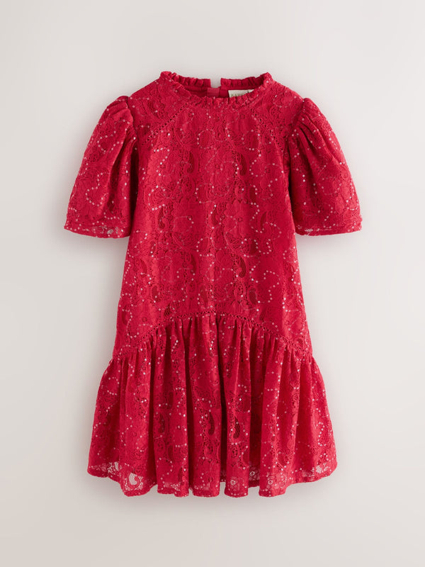 Baker by Ted Baker Red Sequin Lace Angel Sleeve Dress
