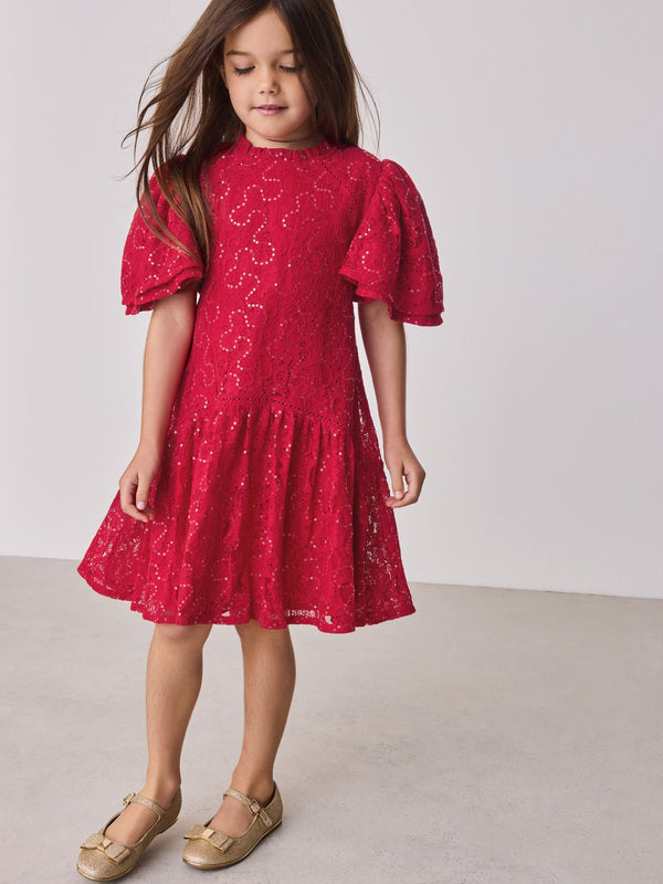 Baker by Ted Baker Red Sequin Lace Angel Sleeve Dress