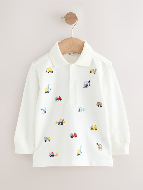 White Digger All-Over Embroidered Long Sleeve Polo Shirt (3mths-7yrs)
