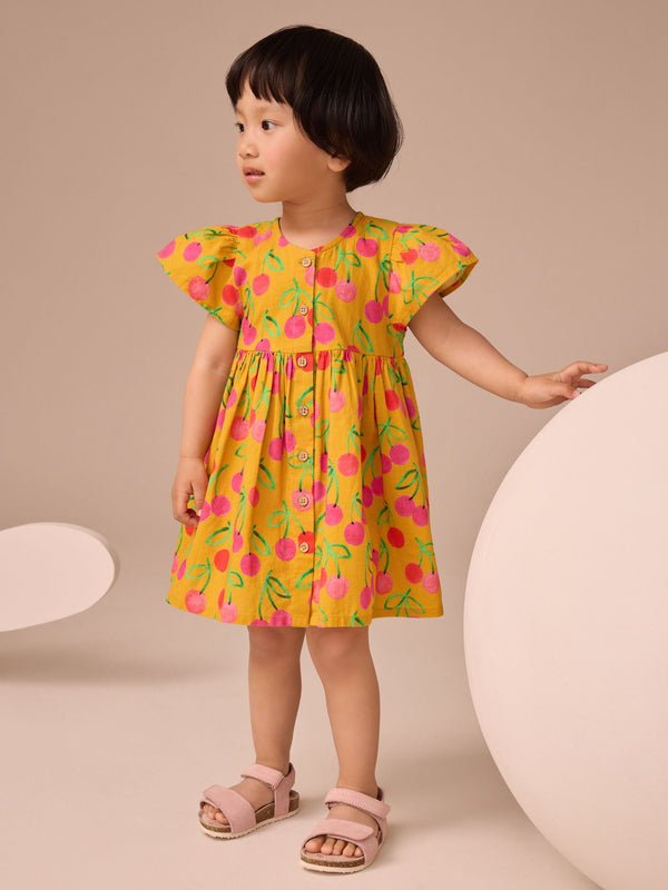 Ochre Yellow Cherry Print Button Up Summer Dress (3mths-10yrs)