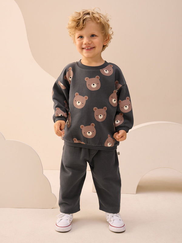 Charcoal Grey Bear All Over Single Sweatshirt And Stripe Joggers Set (3mths-7yrs)