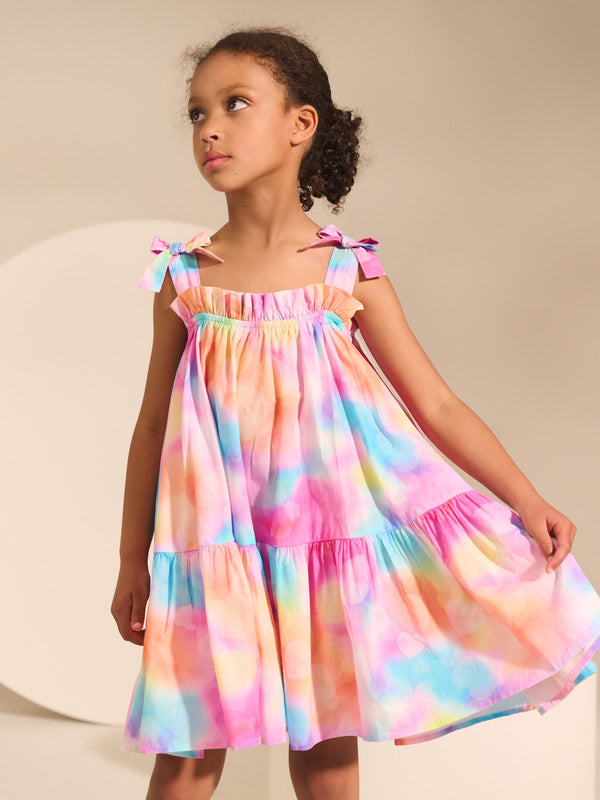 Rainbow Marble Print Bow Strappy Summer Dress (3-16yrs)