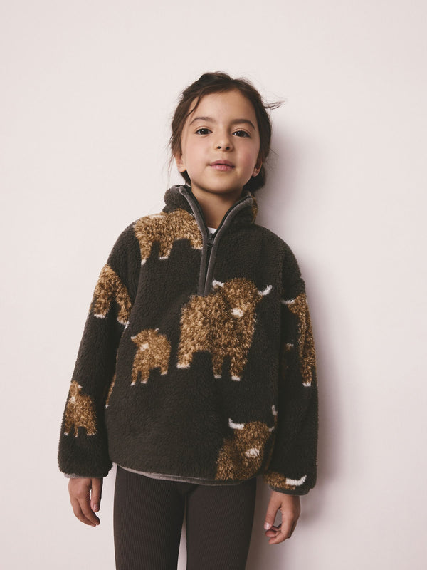 Grey Hamish The Highland Cow Print Borg Half Zip Fleece (3-16yrs)