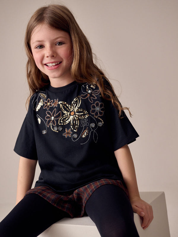 Black Floral Sequin T-Shirt (3-16yrs)