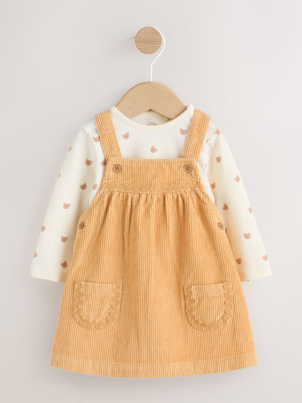 Neutral Bear Baby Cord Pinafore Dress and Long Sleeve Bodysuit 2 Piece Set (0mths-2yrs)