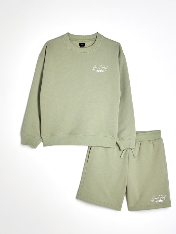 River Island Green Ame Le Nuit Crew Sweat Top And Shorts Set
