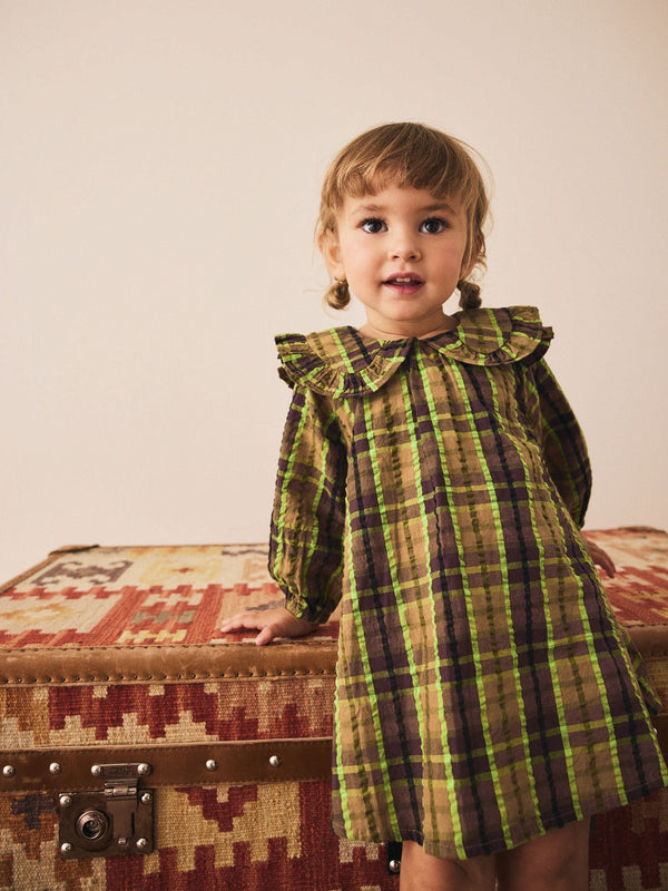 Chocolate/Lime Check Frill Collar Long Sleeve Dress (3mths-8yrs)
