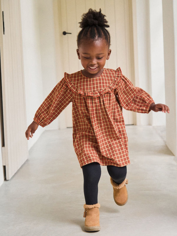 Orange Check Frill Long Sleeve Dress (3mths-8yrs)