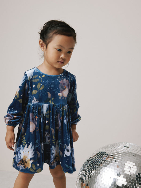 Navy Character Printed Velvet Dress (3mths-8yrs)