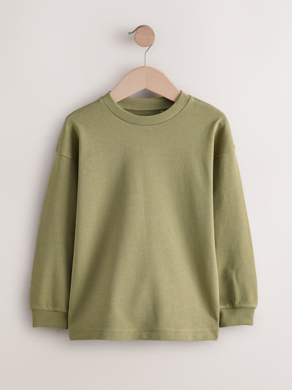 Khaki Green Relaxed Fit Long Sleeve Heavyweight T-Shirt (3-16yrs)