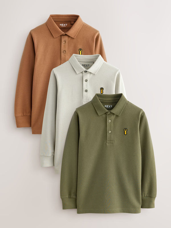 Khaki/Stone/Tan Long Sleeve Polo Shirts 3 Pack (3-16yrs)