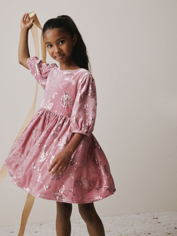 Pink Sequin Embellished Velour Dress (3-16yrs)