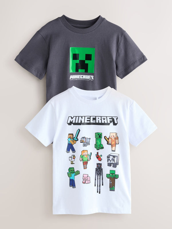 Grey/White 100% Cotton Minecraft Short Sleeve T-Shirts 2 Pack (3-16yrs)