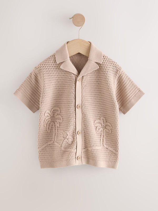 Neutral Palms Textured Revere Collar Short Sleeve Knitted Polo Shirt (3mths-7yrs)