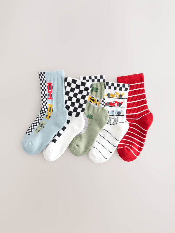Red/White Race Cars Cushioned Footbed Cotton Rich Ribbed Socks 5 Pack