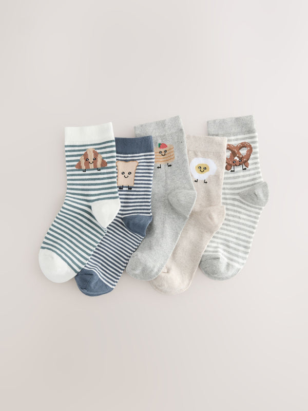 Blue/Neutral Food Characters Print Rich Socks 5 Pack