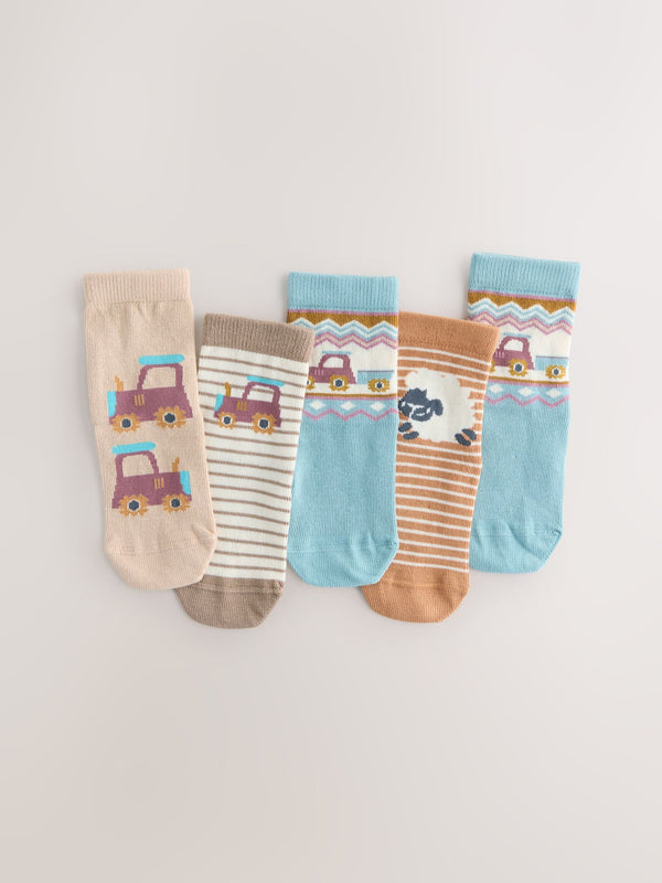 Blue/Neutral Farm Print Rich Socks 5 Pack