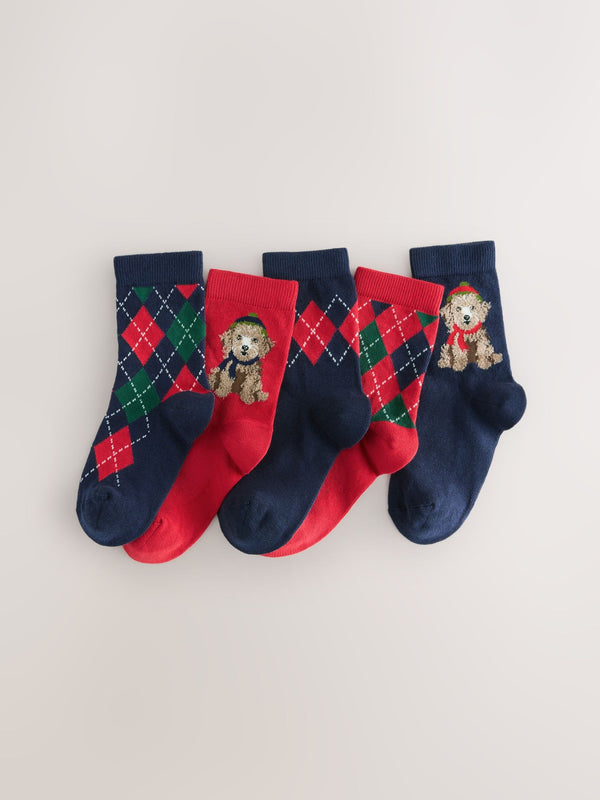 Navy Blue/Red Argyle Dog Christmas Cotton Rich Socks 5 Pack
