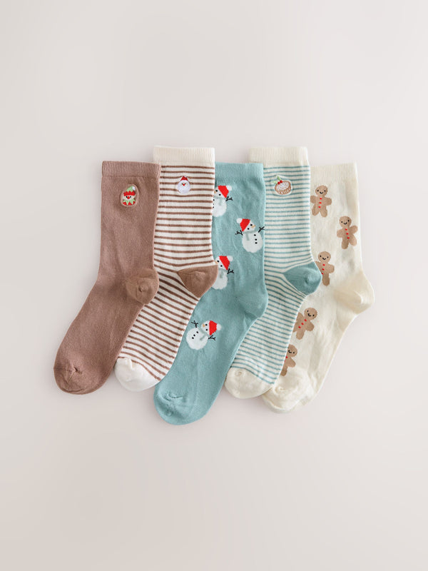 Blue/Neutral Christmas Cotton Rich Socks 5 Pack