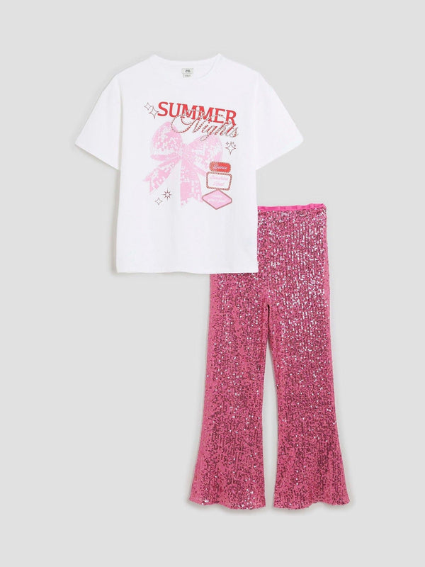River Island Pink Girls Bow Sequin Kickflare Set
