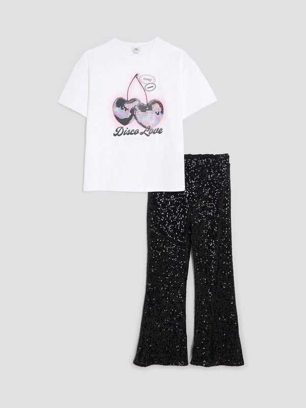 River Island Black Cherry Sequin T-Shirt Kickflare Set