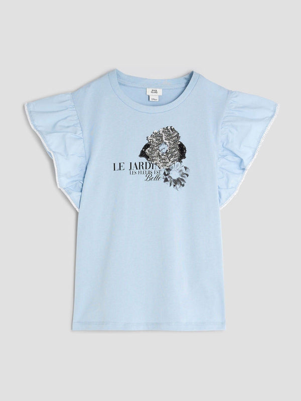 River Island Blue Frill Sleeve Embellished 100% Cotton T-Shirt