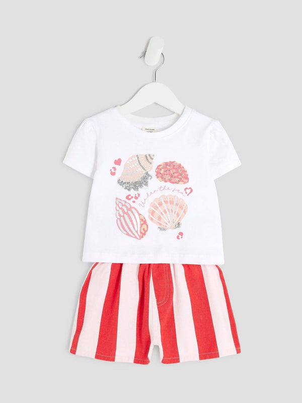 River Island White Shell 100% Cotton Stripe Shorts Set