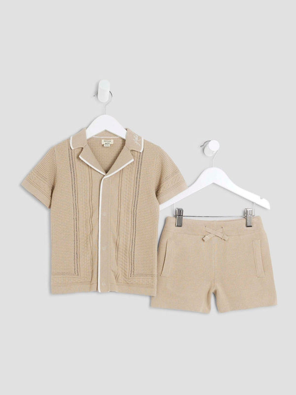 River Island Natural Textured Revere Top and Shorts Set