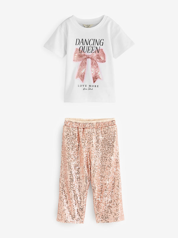River Island White Girls Dancin Queen Sequin T-shirt & Trouser set