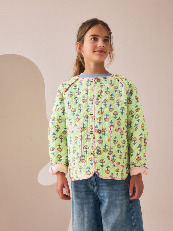Lime Green Floral Print Quilted Jacket (3-16yrs)