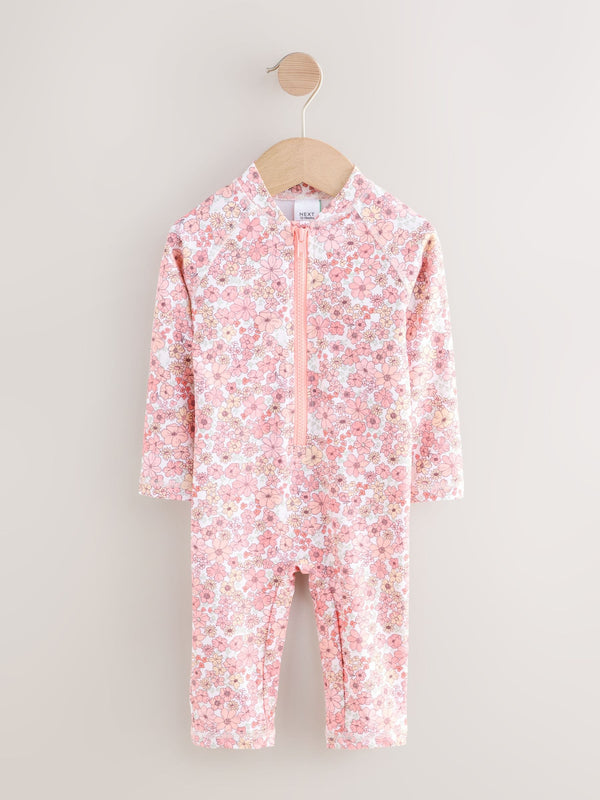 Coral Pink Ditsy Floral Long Leg Sunsafe Swimsuit (3mths-7yrs)