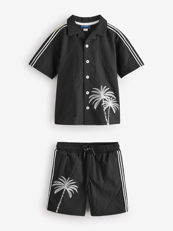 River Island Black Palm Embroidered Shirt and Shorts Set