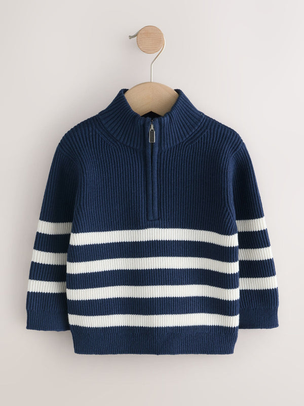 Navy Blue/Ecru Stripe Knitted Quarter Zip Jumper (3mths-7yrs)