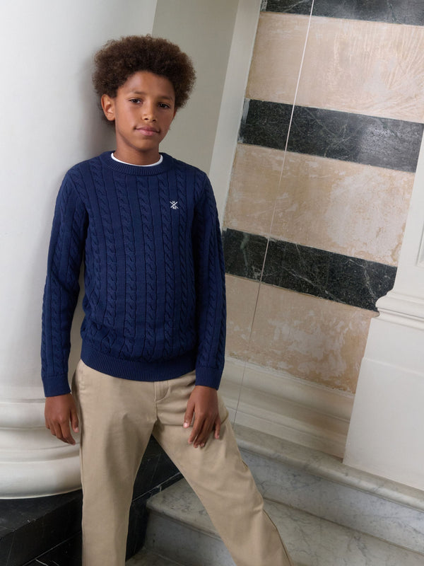Navy Blue Cable Knit Crew Neck Jumper (3-16yrs)