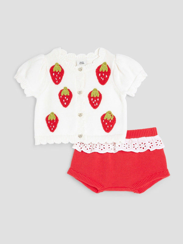 River Island White Girls Baby 100% Cotton Strawberry Bloomer Top And Shorts Set