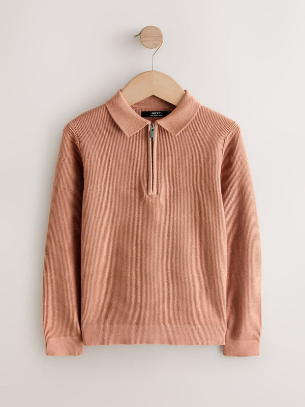 Rust Brown Long Sleeve Zip Neck Knitted Polo Shirt (3-16yrs)