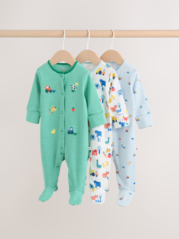 Multi Farm 3 Pack Baby Sleepsuits (0mths-2yrs)
