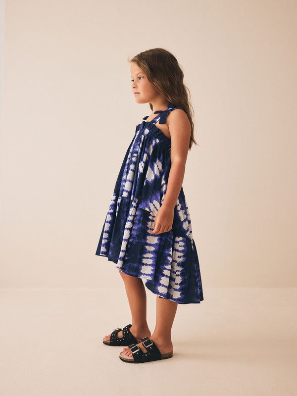 Blue Tie Dye Bow Strappy Summer Dress (3-16yrs)