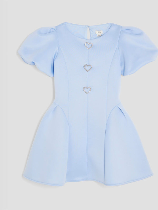 River Island Blue Girls Scuba Bow Skater Puff 100% Cotton Dress
